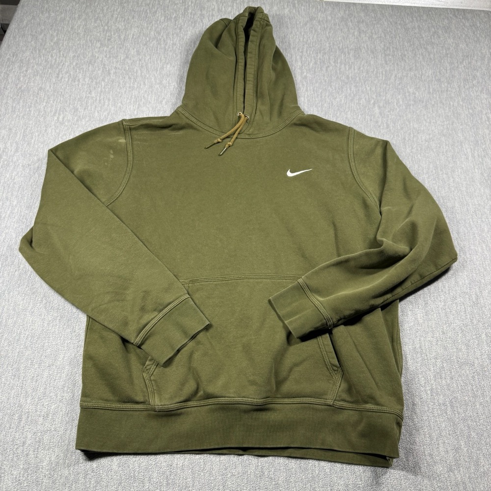 Nike Hoodie Mens XL Olive Green Club Fleece Embroidered Swoosh Pullover Sweat